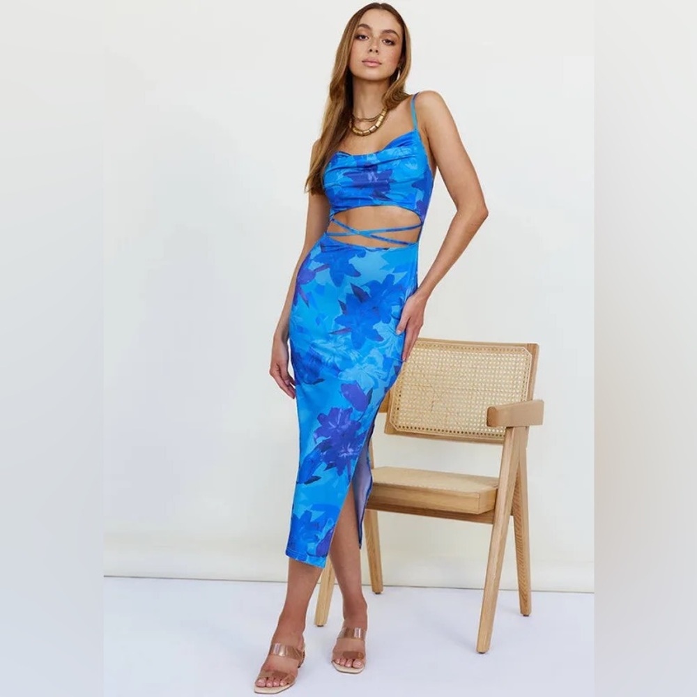 Blue Floral Cutout Midi Dress